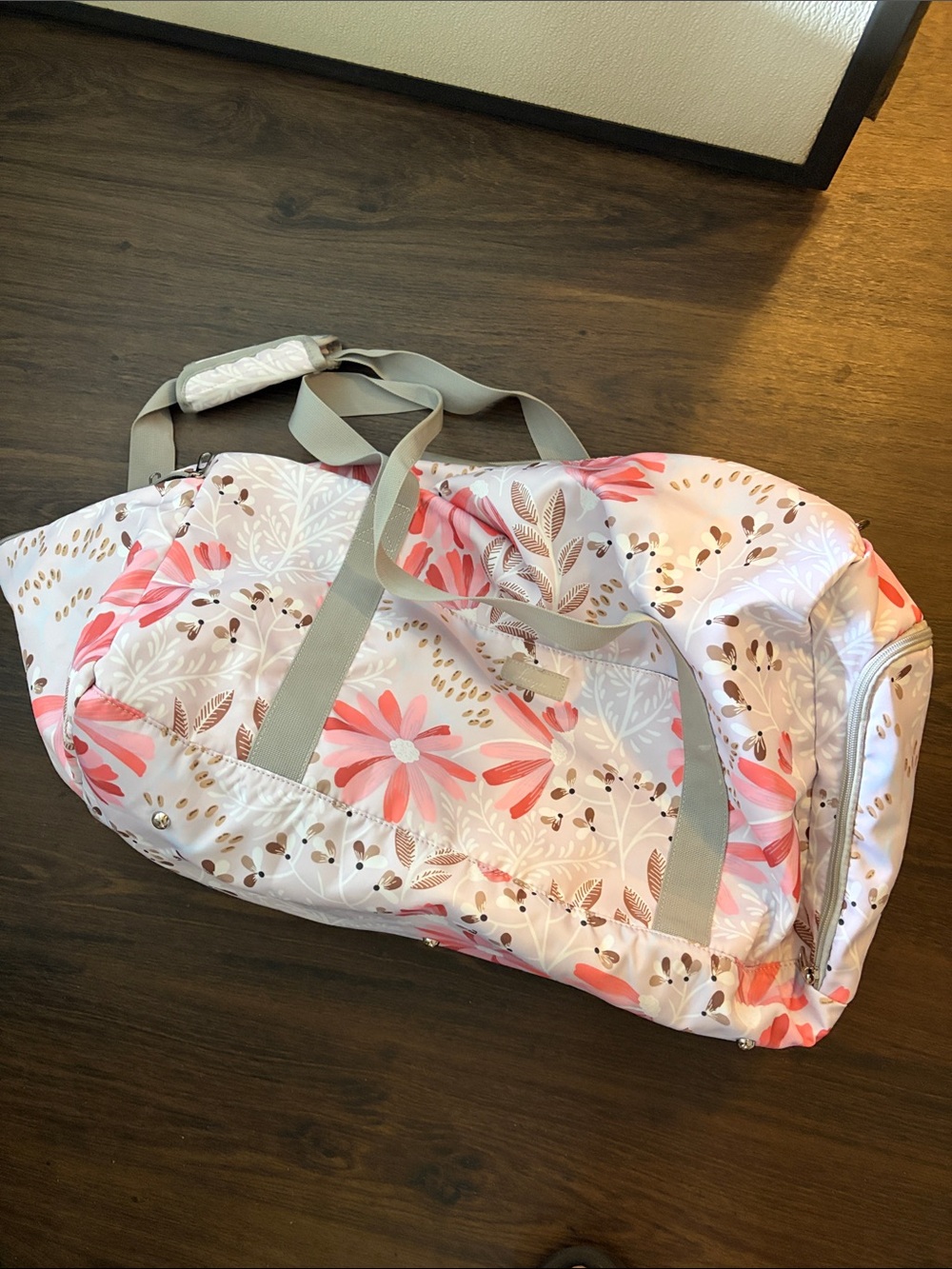 Amazon Pink Floral Travel Duffel Bag with Gray Straps